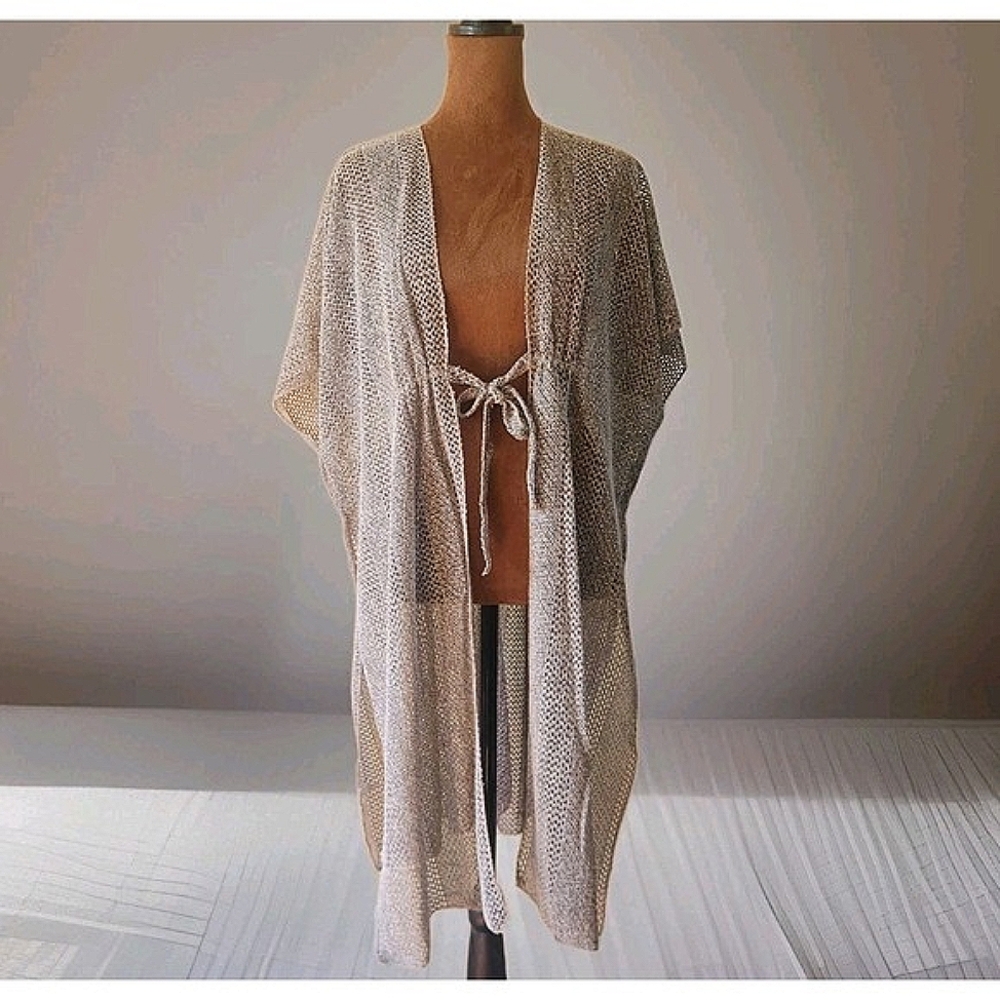 Jovie Knit Cardigan Size L Crochet Knit Lightweight Tie Front Neutral Boho‎